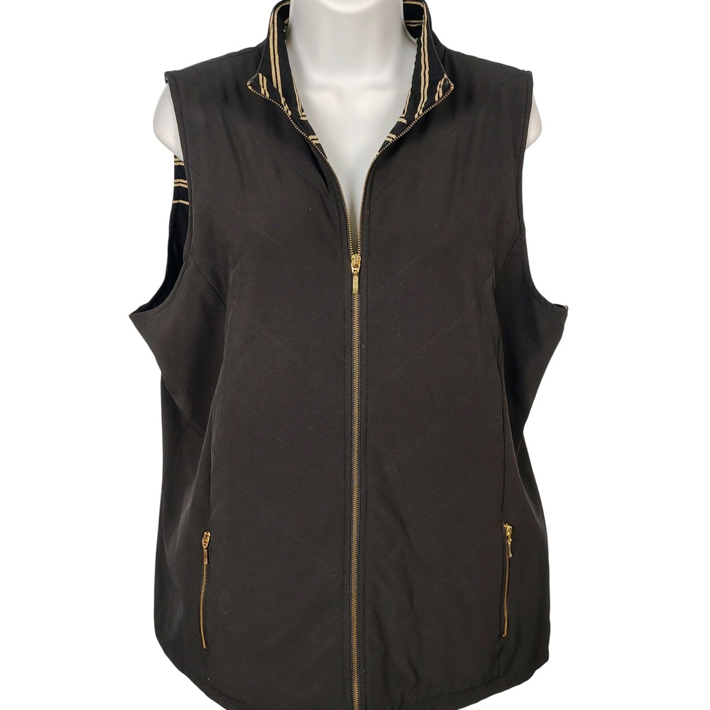 Zenergy by Chico's Black Quilted Full Zip Vest Gold Hardware Striped Lining 2 L
